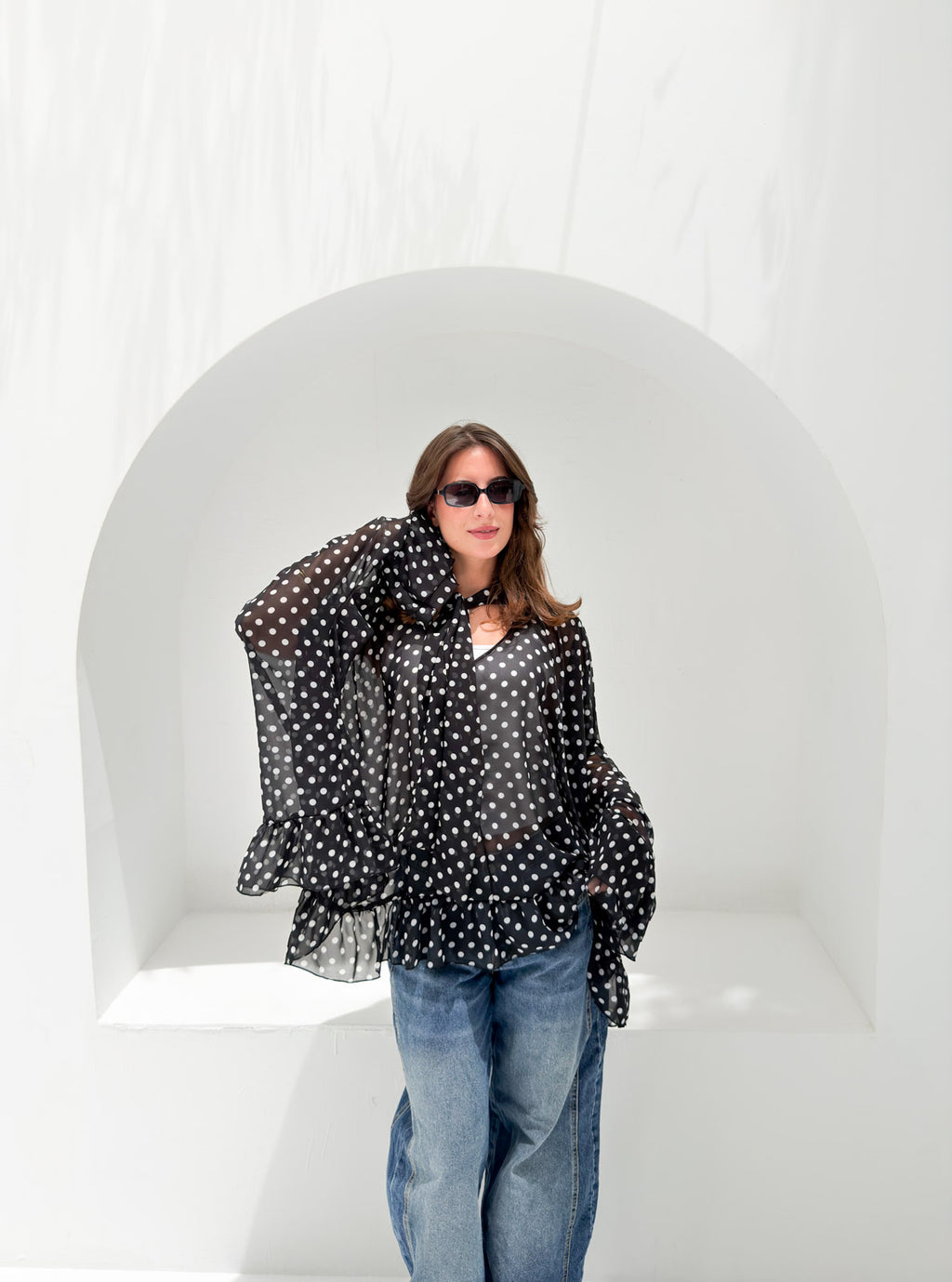 Aria Chiffon Blouse Black Polka Dot