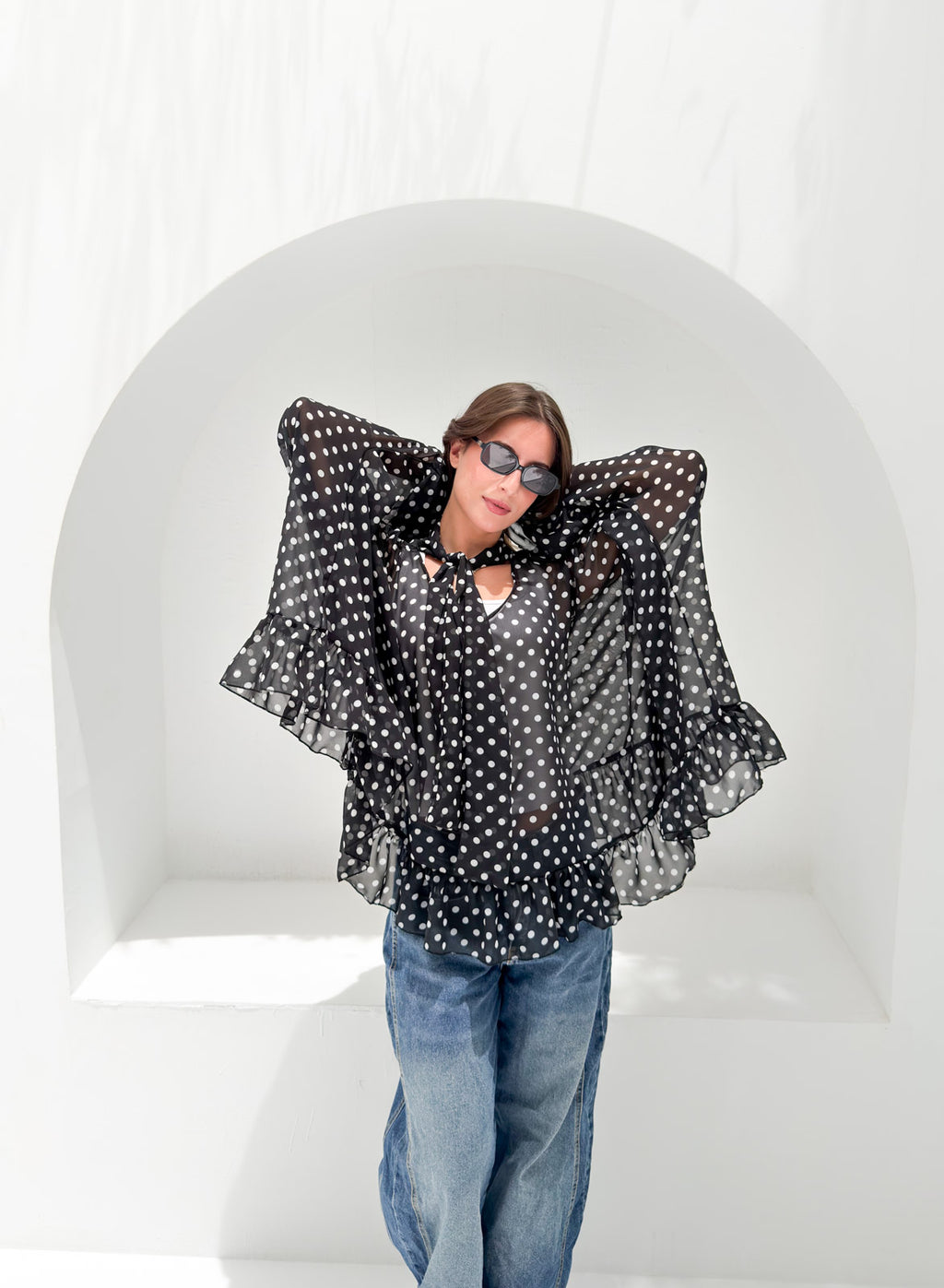 Aria Chiffon Blouse Black Polka Dot