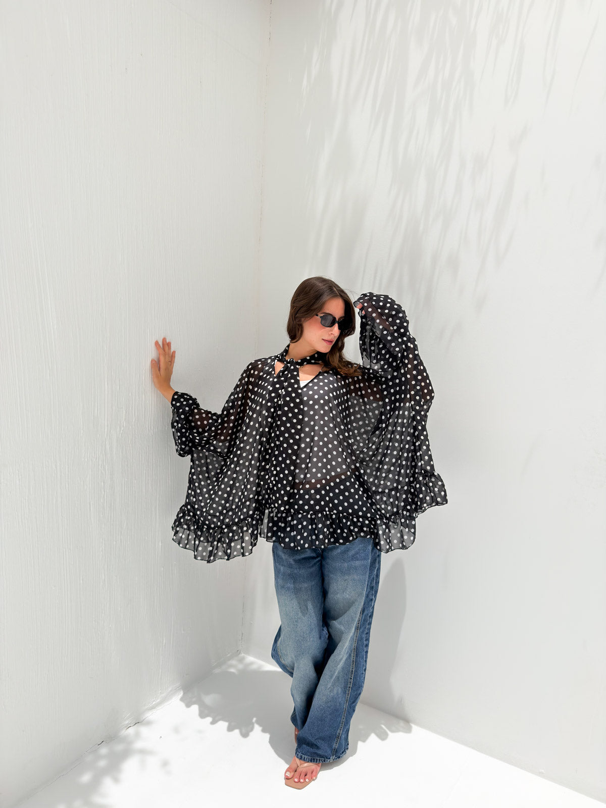Aria Chiffon Blouse Black Polka Dot